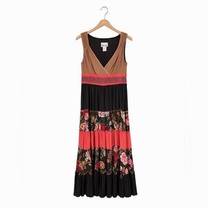 Robbie Bee Women’s Dress Sz 8 V-Neck Maxi Dress Brown and Coral Floral Dress